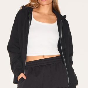 PRETTYLITTLETHING  Black Premium Embroidered Zip Front Oversized Hoodie