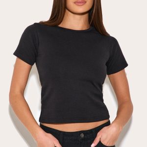 Black Interlock Longline Short Sleeve Top