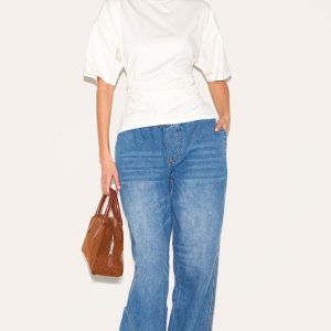 Mid Blue Elasticated Waistband Wide Leg Jeans