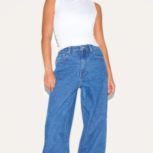 PRETTYLITTLETHING Petite Dark Blue High Waist Boyfriend Jean