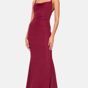 Burgundy Slinky Cowl Neck Lace Insert Detail Maxi Dress