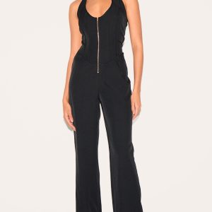 Black Dipped Corset Zip Front Wide Leg Jumpsuit