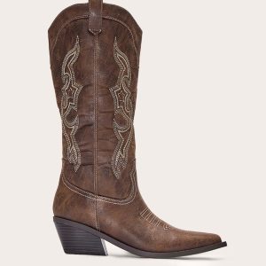 Brown Pu Point Toe Western Calf High Boots