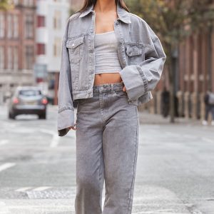 Light Grey Wash Turn Up Hem Wide Leg Jeans