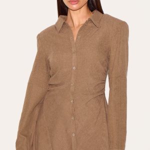 Mushroom Structured Ruched Detail Long Sleeve Shirt Dress