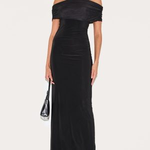 Black Double Layer Slinky Mesh Overlay Maxi Dress