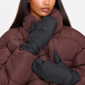 Black Nylon Chevron Quilt Faux Fur Lined Mittens