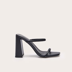 Black Pu Square Toe Double Strap High Block Heel Mules