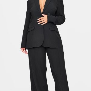 Black Woven Pin Tuck Premium Straight Leg Trousers