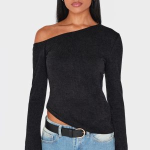Black Textured Asymmetric Flared Sleeve Long Top