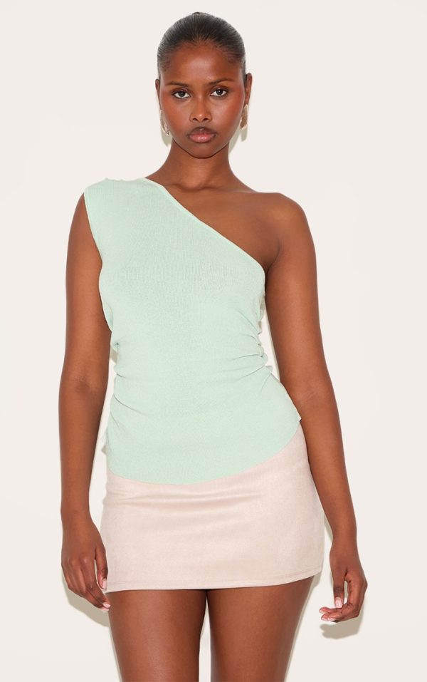935603399550300cc2ffdddf4c82f427899329a6_CNL7741_1_sage_green_fine_knit_one_shoulder_ruched_side_top