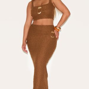 Shape Mocha Textured Gold Hammered Ring Midaxi Skirt