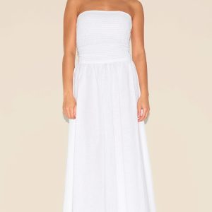 Petite White Bandeau Shirred Detail Maxi Dress