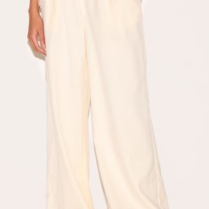 Cream Woven Elasticated Waist Wide Leg Trousers