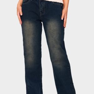 Petite Mid Blue Wash Bleach Low Waist Straight Jeans