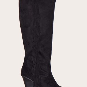 Black Faux Suede Point Toe Fringed High Block Heel Knee Boots