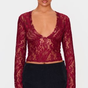 Burgundy Lace Plunge Flared Sleeve Long Top