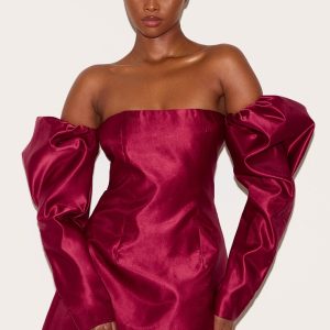 Wine Oversized Puff Sleeve A Line Shift Dress