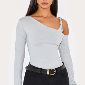 Petite Ash Grey Soft Touch Knot Detail Long Sleeve Top
