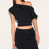 93cac31f09521a83c260e8bc3a0fe465da54e2e6_CNM8866_1_black_woven_ruched_mid_rise_mini_skirt