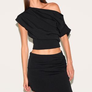 Black Woven Ruched Mid Rise Mini Skirt