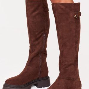 Chocolate Faux Suede Round Toe Chunky Sole Knee High Boots