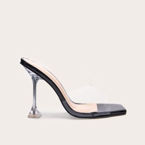 Black Pu Square Toe Clear Perspex Heeled Mules