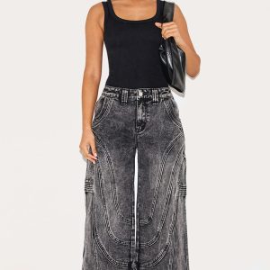 Petite Grey Panel Seam Detail Wide Leg Jeans