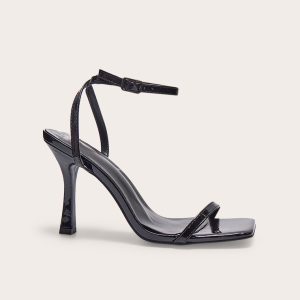 Black PU Square Toe Barely There Mid Heeled Sandals