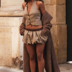 Brown Check Woven Tailored Puff Ball Waistband Skirt