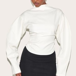 Cream Woven Highneck Fitted Top