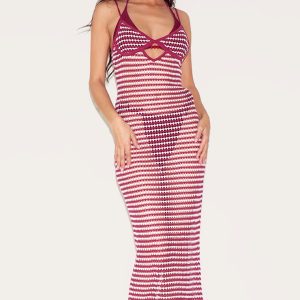 Burgundy Contrast Crochet Maxi Beach Dress