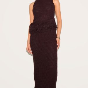 Petite Chocolate Fringe Edge Knit Maxi Skirt