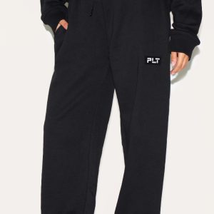 PRETTYLITTLETHING Petite Black Badge Detail Straight Leg Joggers