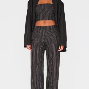 Black Tailored Woven Glitter Pinstripe Wide Leg Trousers