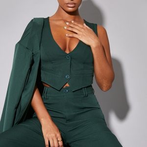 Dark Green Woven Belted Back Detail Suit Waistcoat Top