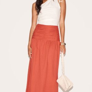 Rust Cotton Ruched Waist Maxi Skirt