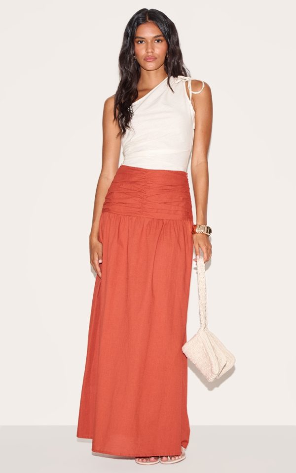 94a2f6119e4a9d2263b79a829ee4302199b70648_CNM3429_1_rust_stripe_cotton_ruched_waist_maxi_skirt
