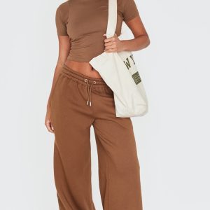 PRETTYLITTLETHING Taupe Embroidered Wide Leg Jogger