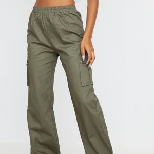 Khaki Wide Leg High Waisted Cargo Trousers