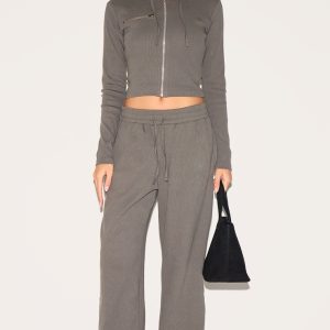 Charcoal Ribbed Low Rise Wide Leg Trousers