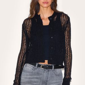 Black Ladder Knit Sheer Button Up Cardigan