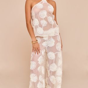 Petite Cream Sheer Shell Applique Wide Leg Trousers