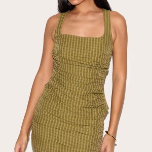 Tall Moss Green Check Square Neck Ruched Top