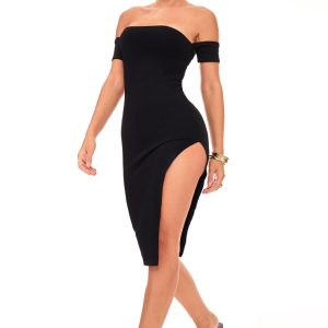 Black Cuff Detail Side Split Midi Dress