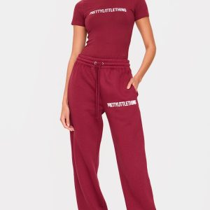 PRETTYLITTLETHING Burgundy Puff Print High Waist Cuffed Joggers