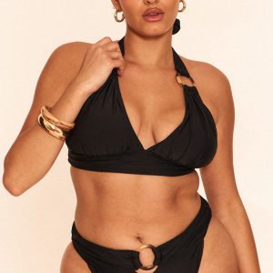 Plus Black O Ring Detail Ruched Triangle Bikini Top