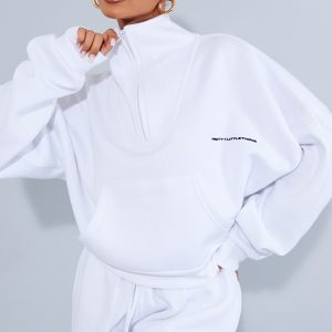 PRETTYLITTLETHING Petite White Oversized Half Zip Sweat