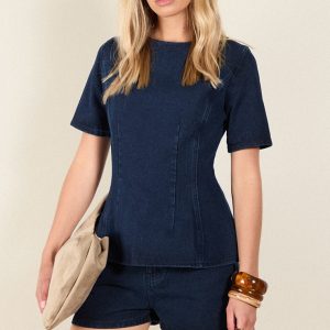 Dark Indigo Cinched Waist Peplum Denim Top