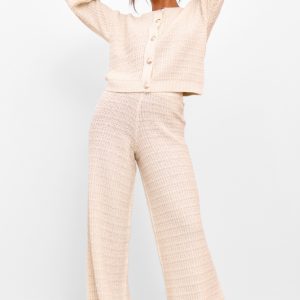 Cream Boucle Knit Wide Leg Trousers